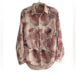 Flax Print Pink White Button Front Top Size 4 - 6